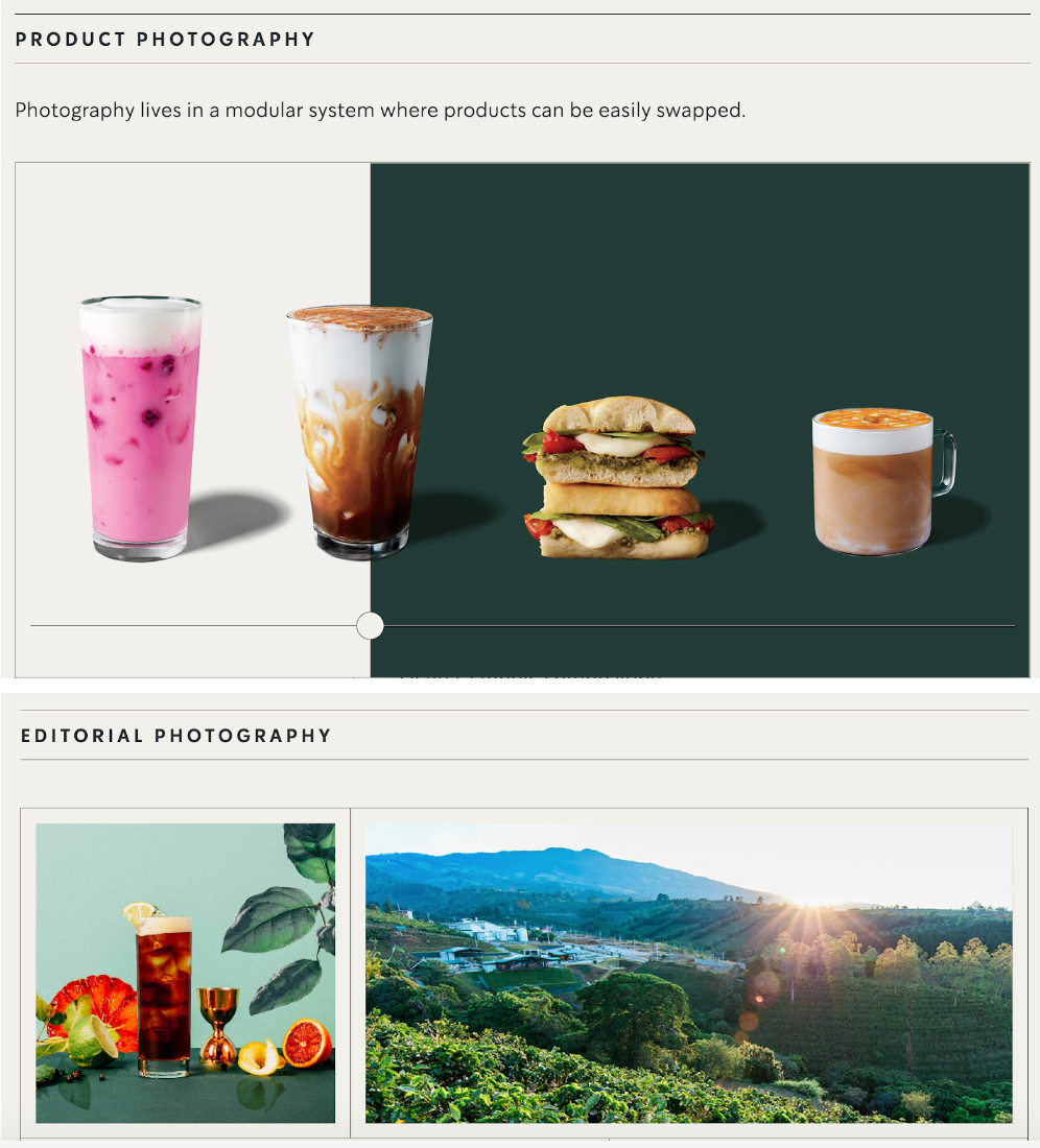 带有示例图像的星巴克摄影指南，例如带冷饮的静物和山坡上的咖啡农场