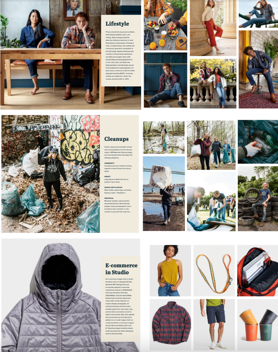 United By Blue 的摄影指南以及适当的照片示例，包括生活方式、有人物和无人物的产品图像。