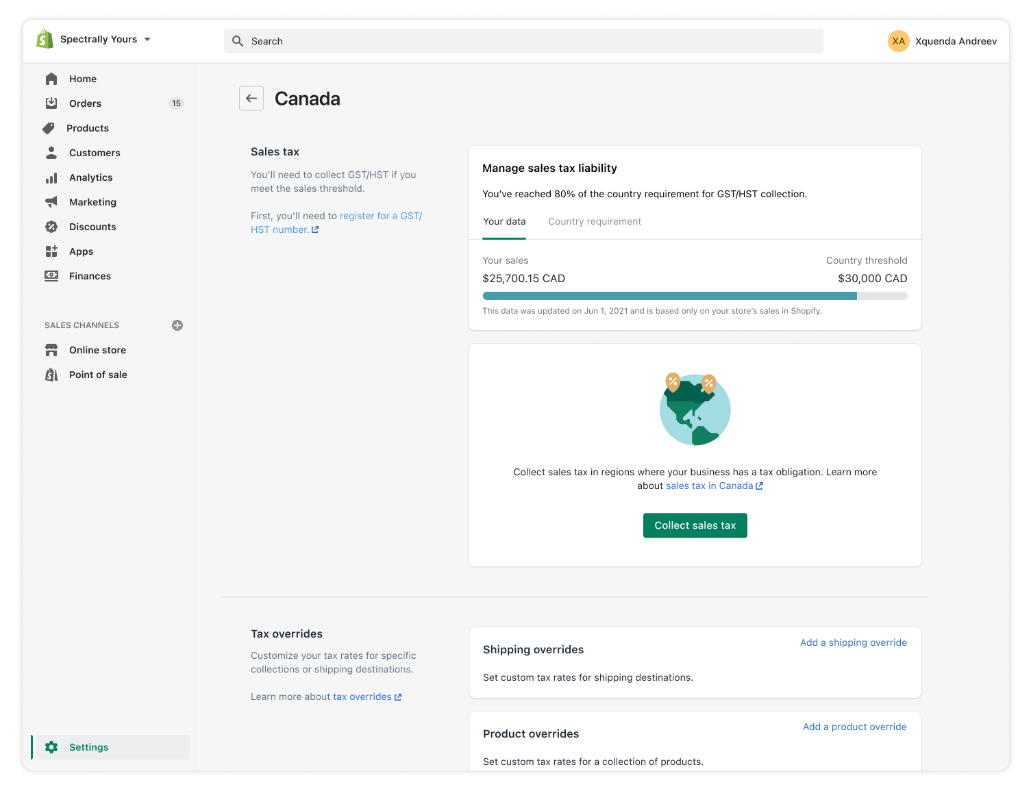 A capture of the Canada taxes dashboard in Shopify Markets