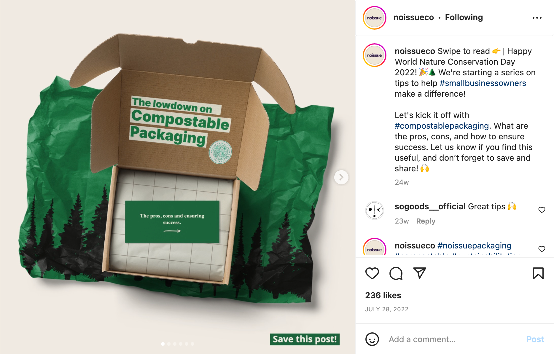 Screengrab of noissue Instagram post about sustainability