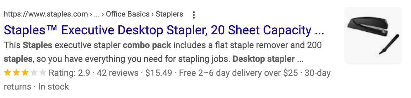 Example of search results with product schema: Staples stapler with associated info