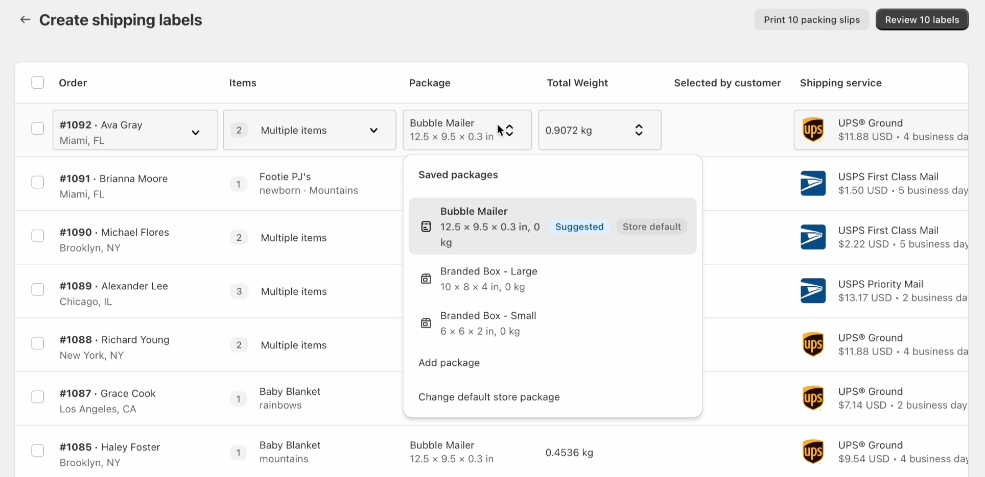 A group of orders in Shopify being reviewed prior to shipping labels being purchased