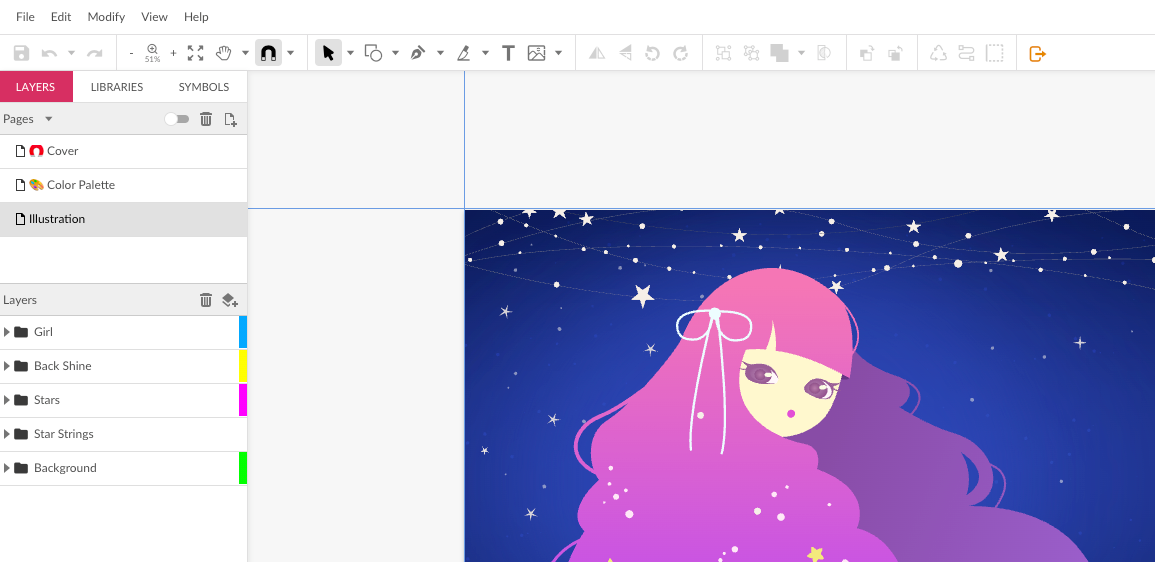 Corel Vector software with tools and illustration of woman with pink hair