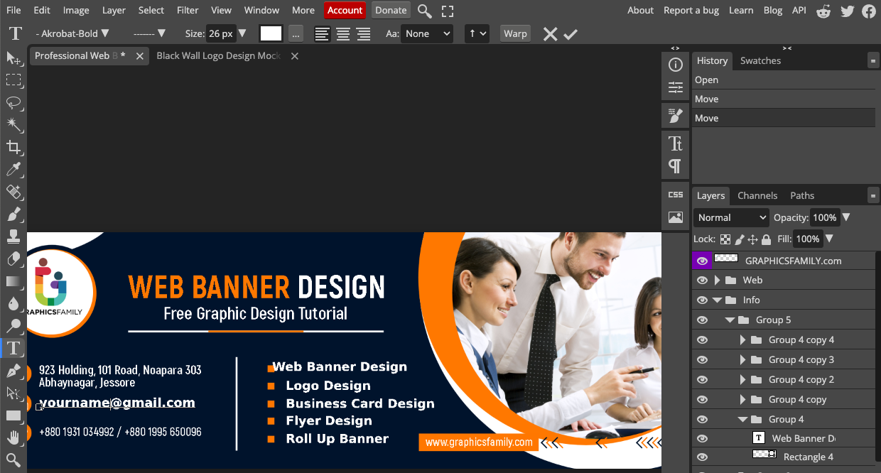 Photopea's software with a template for a banner