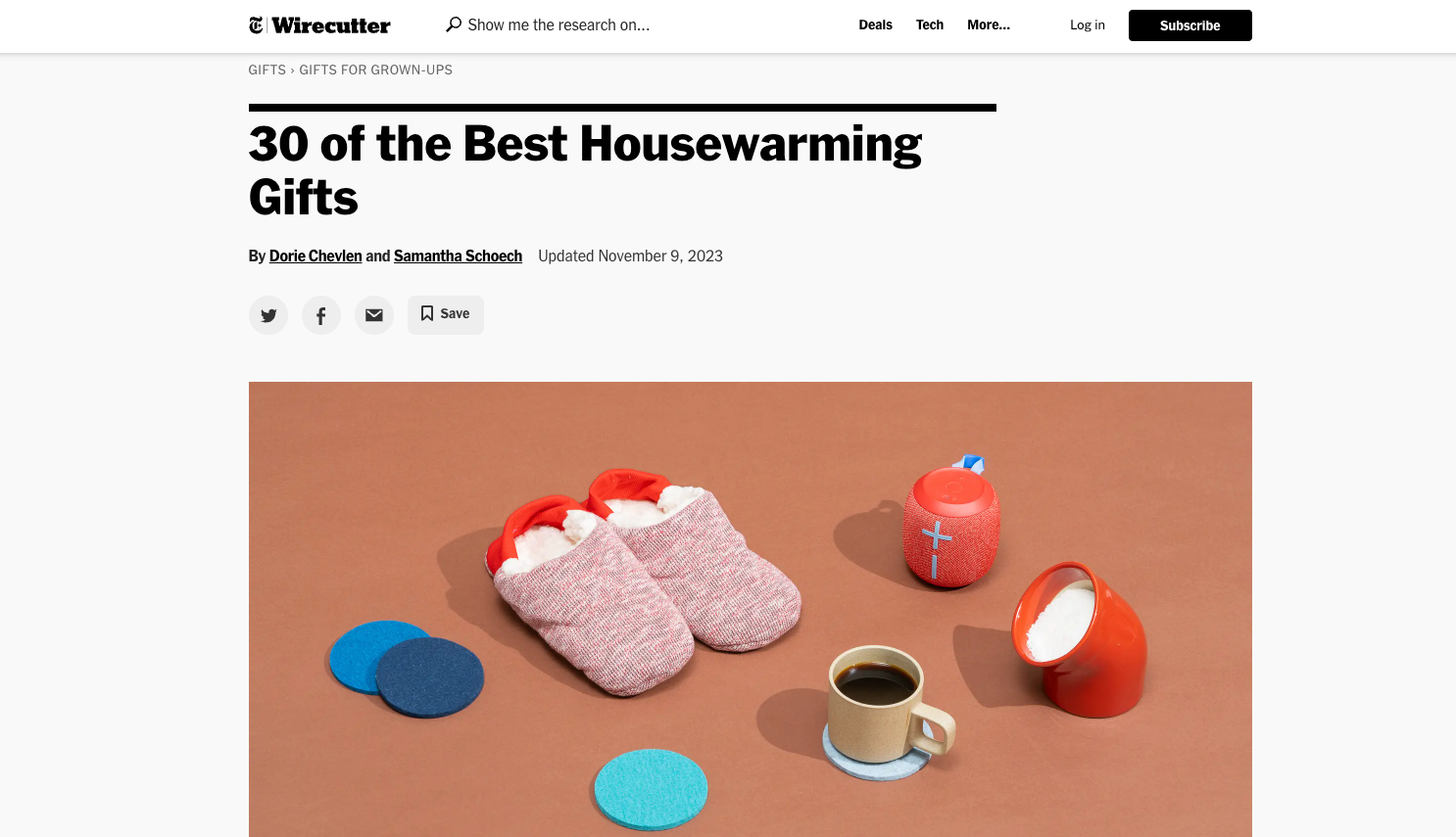 Housewarming gift guide on the New York Times website featuring 30 gifts