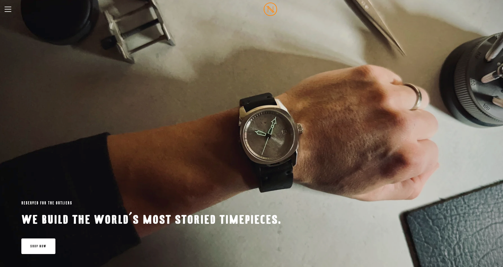 Novo Watches homepage with the value prop and man wearing a watch