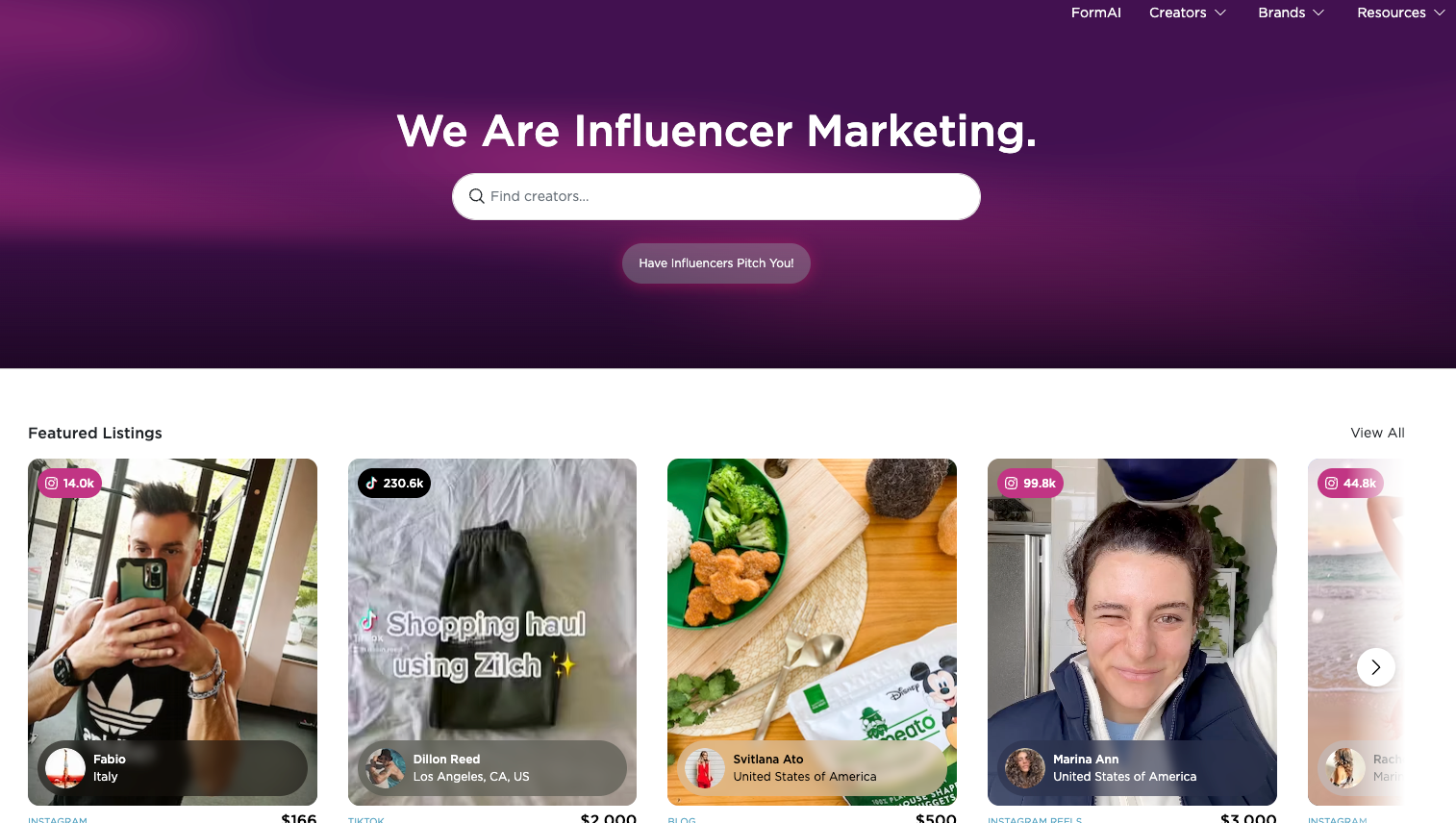 Izea homepage with search bar to find influencers and example of search results