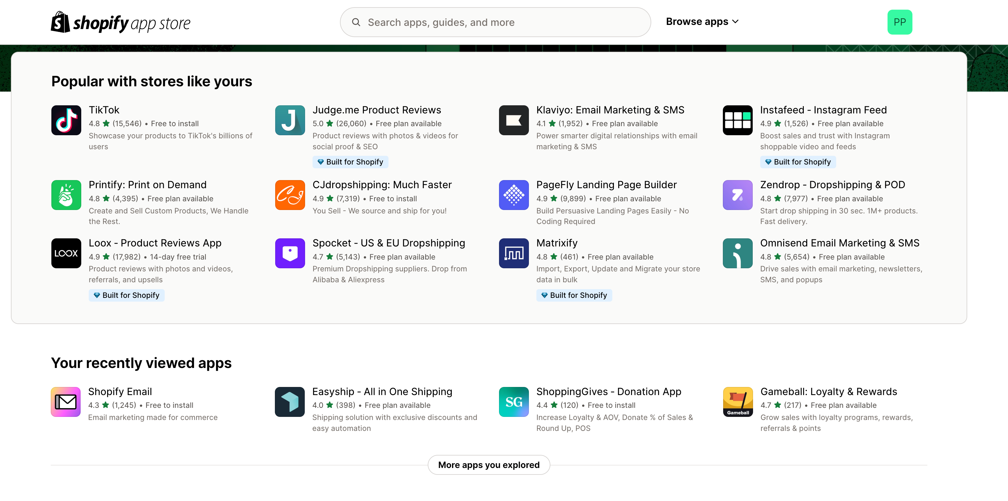 Shopify app store showing most popular apps available for designing your store