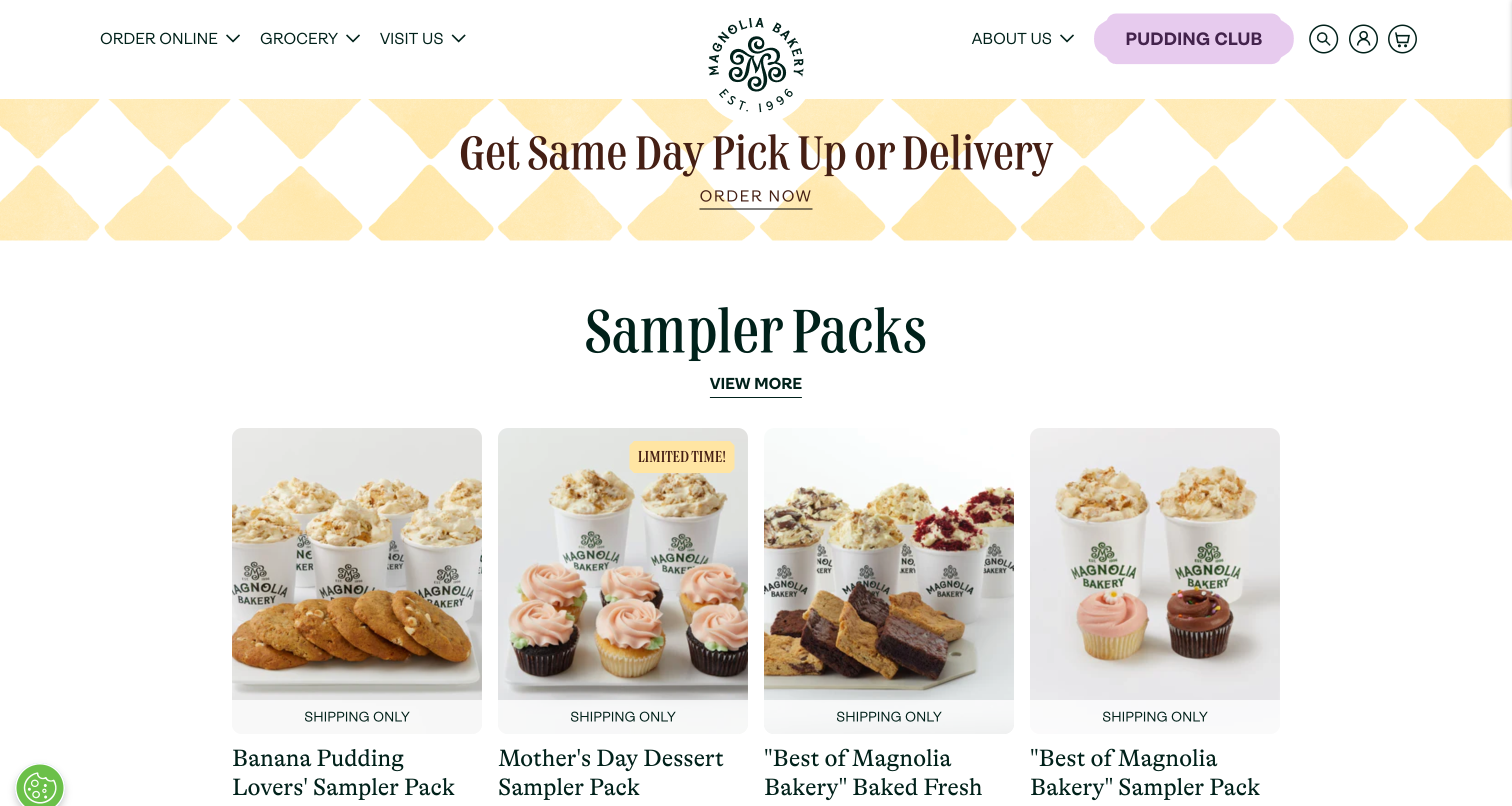 Magnolia bakery product listings showing cookies and cakes for home delivery.