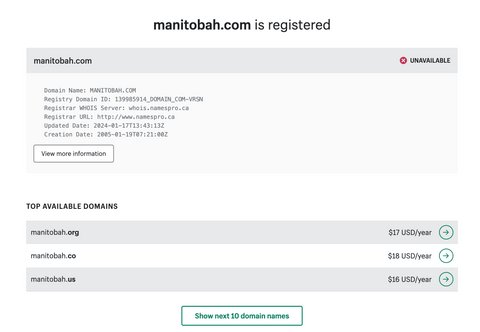 Domain history results for Manitobah.com from the Shopify WHOIS tool.