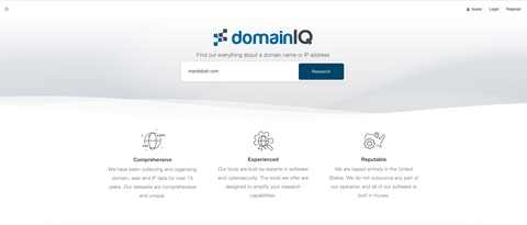 DomainIQ webpage with domain history search box.