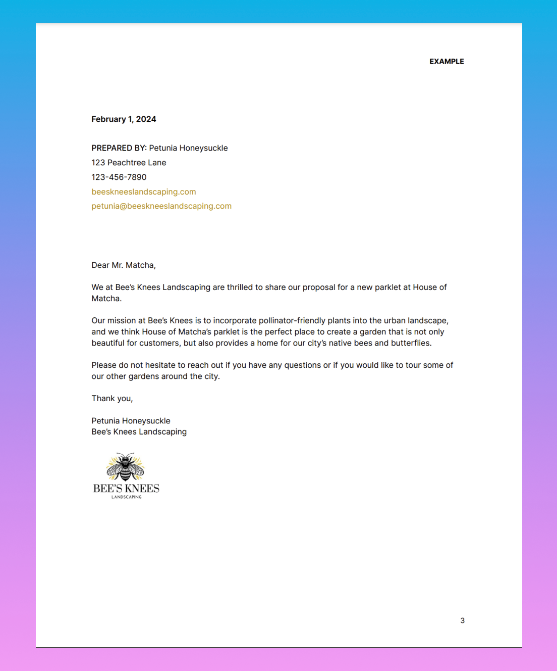 Business proposal cover letter example