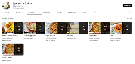 Screenshot of Spain on a Fork’s YouTube playlists