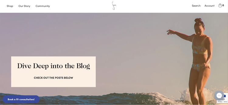 Seea 博客主页，左边是 Dive Deep into the Blog，右边是穿着比基尼的女性冲浪者