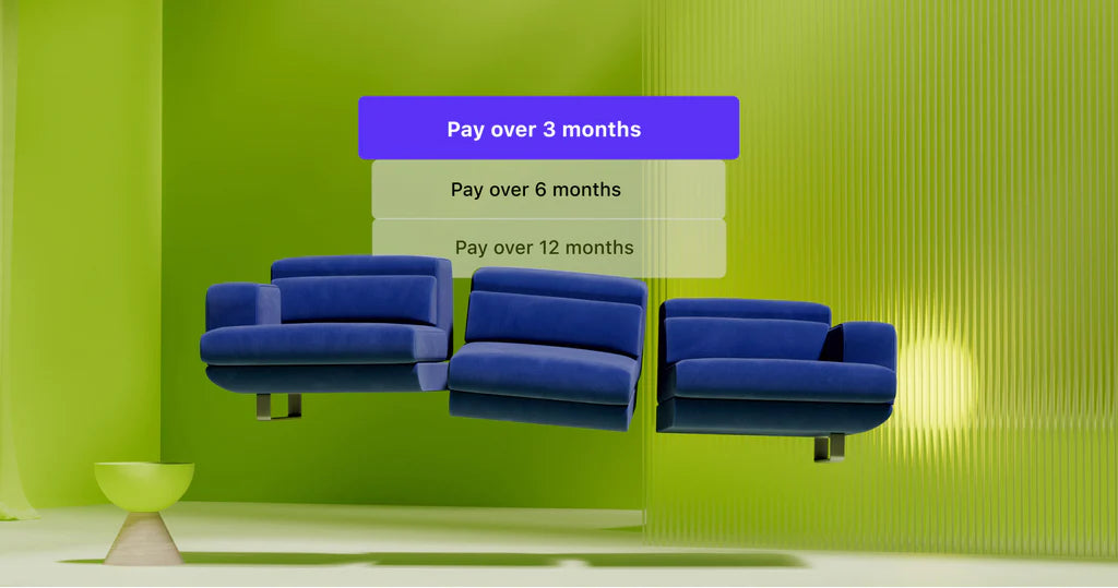 A couch floats on a green background with a demo of Shop Pay Installments above it