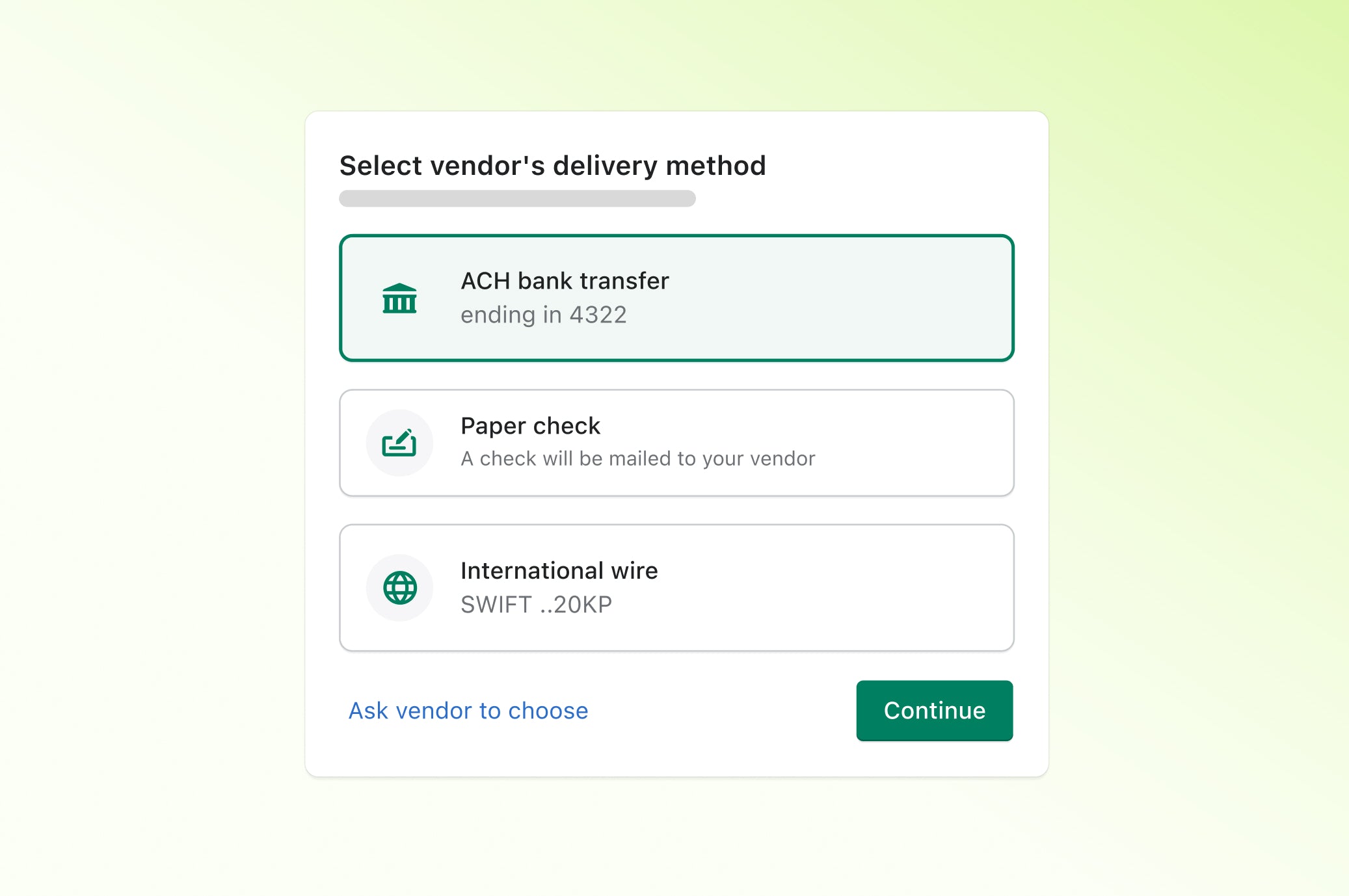 Vendor payment delivery methods