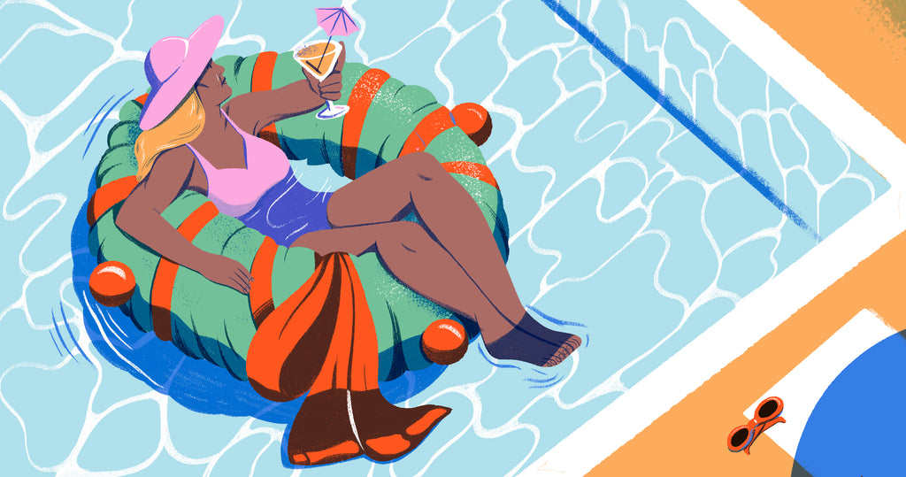 插图的一个女人漂浮在一个类似圣诞花环的充气管的游泳池。
