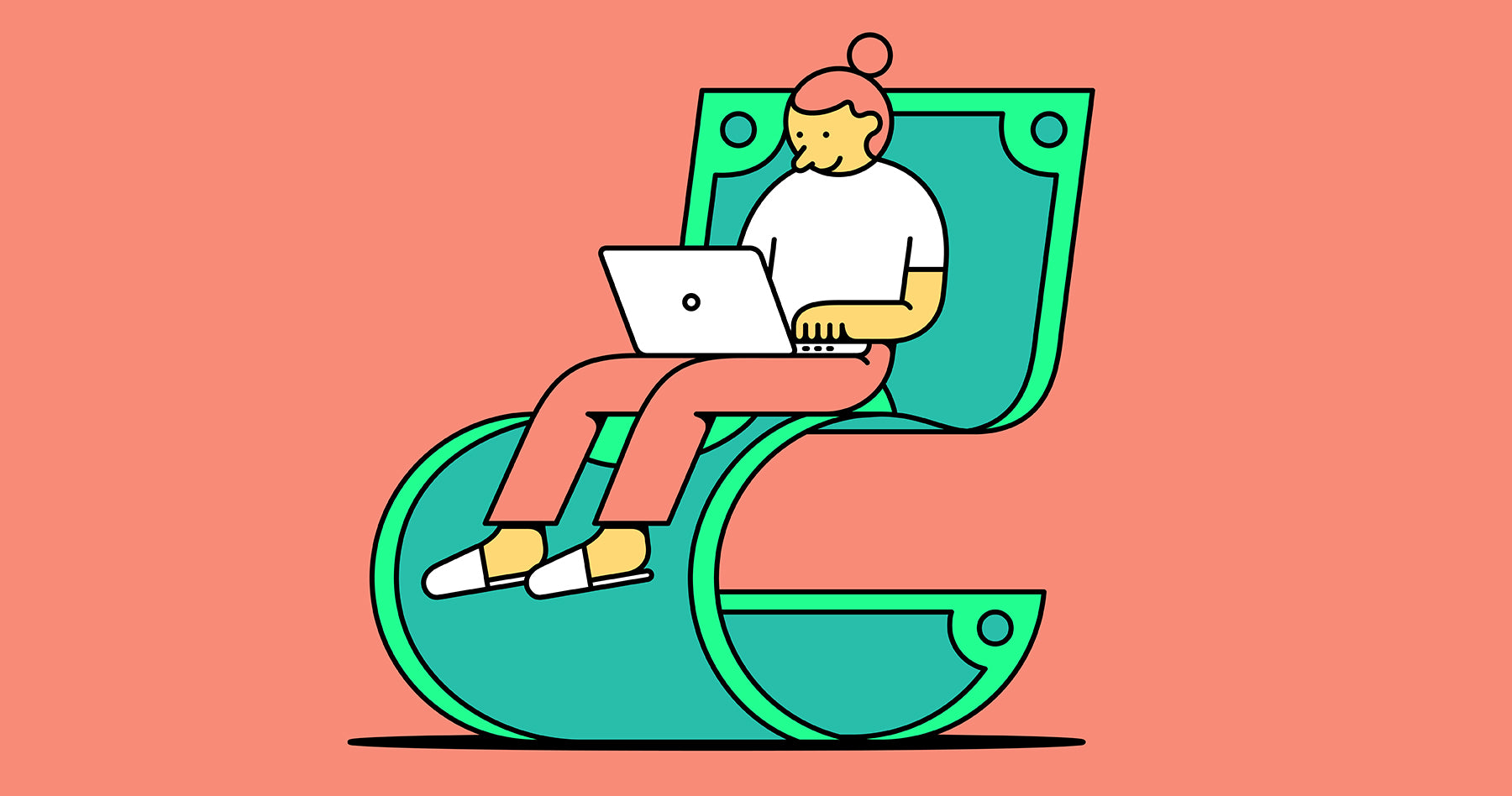 Illustration of a young woman working on a lounge chair made from a dollar bill with laptop on her lap