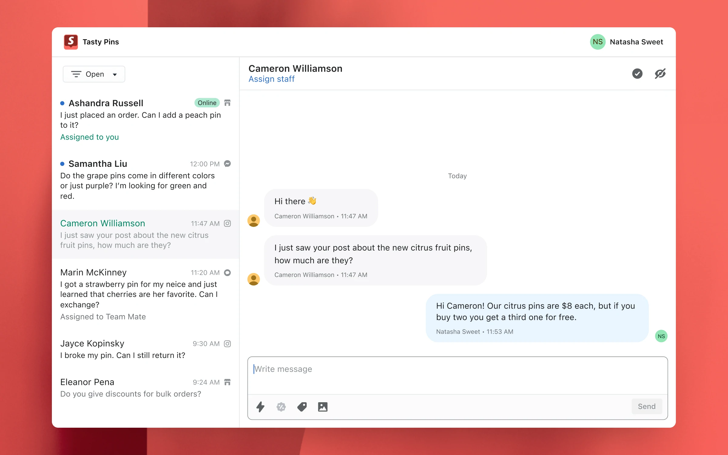 A screenshot of the Shopify Inbox conversation tool