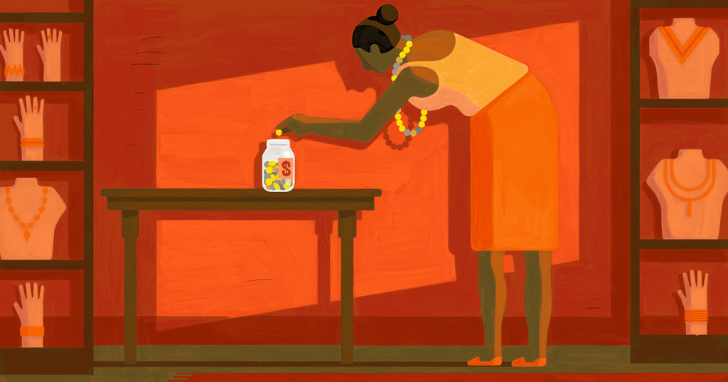 Illustration of a woman counting coins into a jar. The coin shapes are echoed in the beads in her necklace