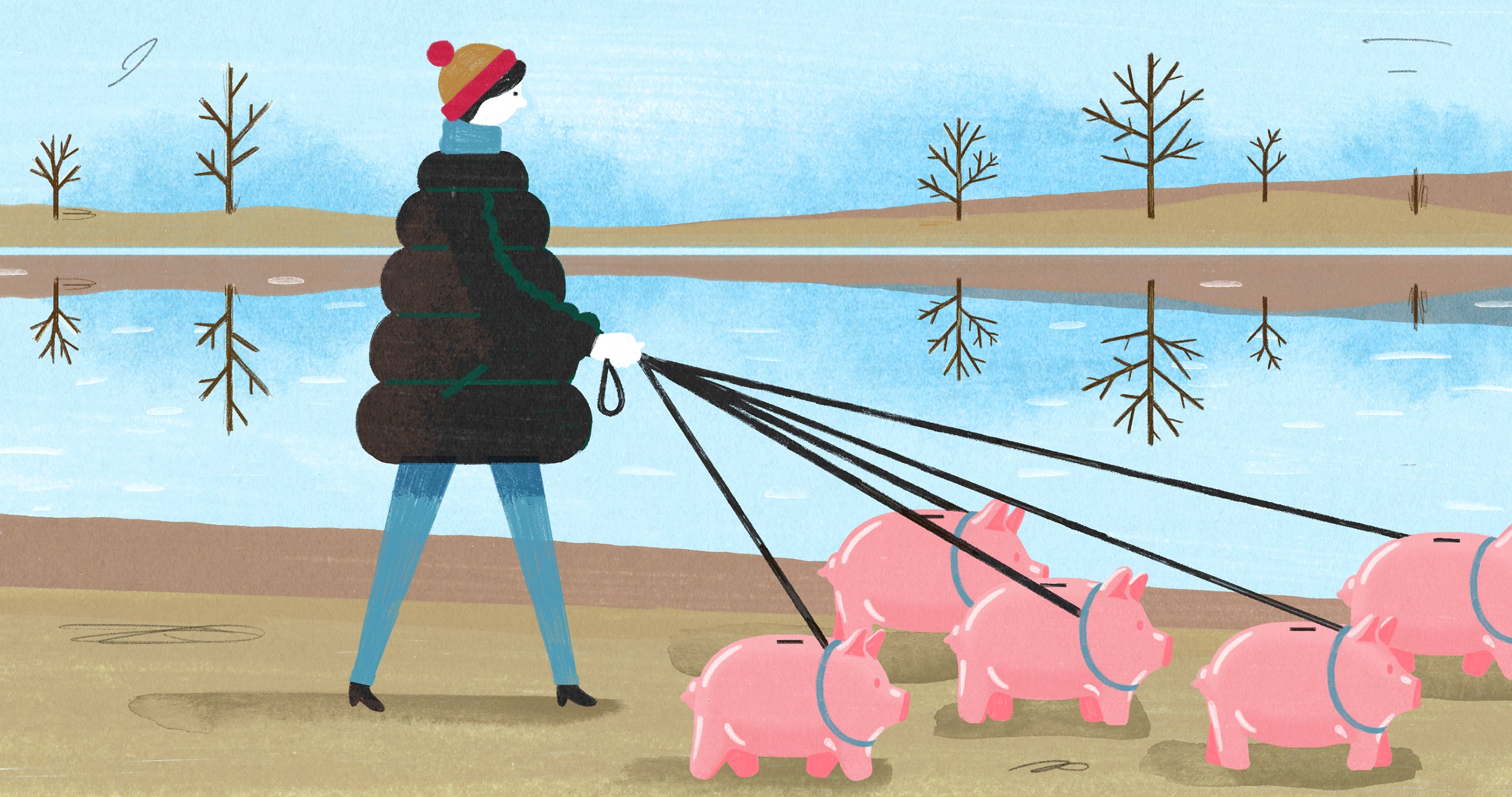 A person walks a group of piggy banks on leashes, illustrating the concept of running a pet business.