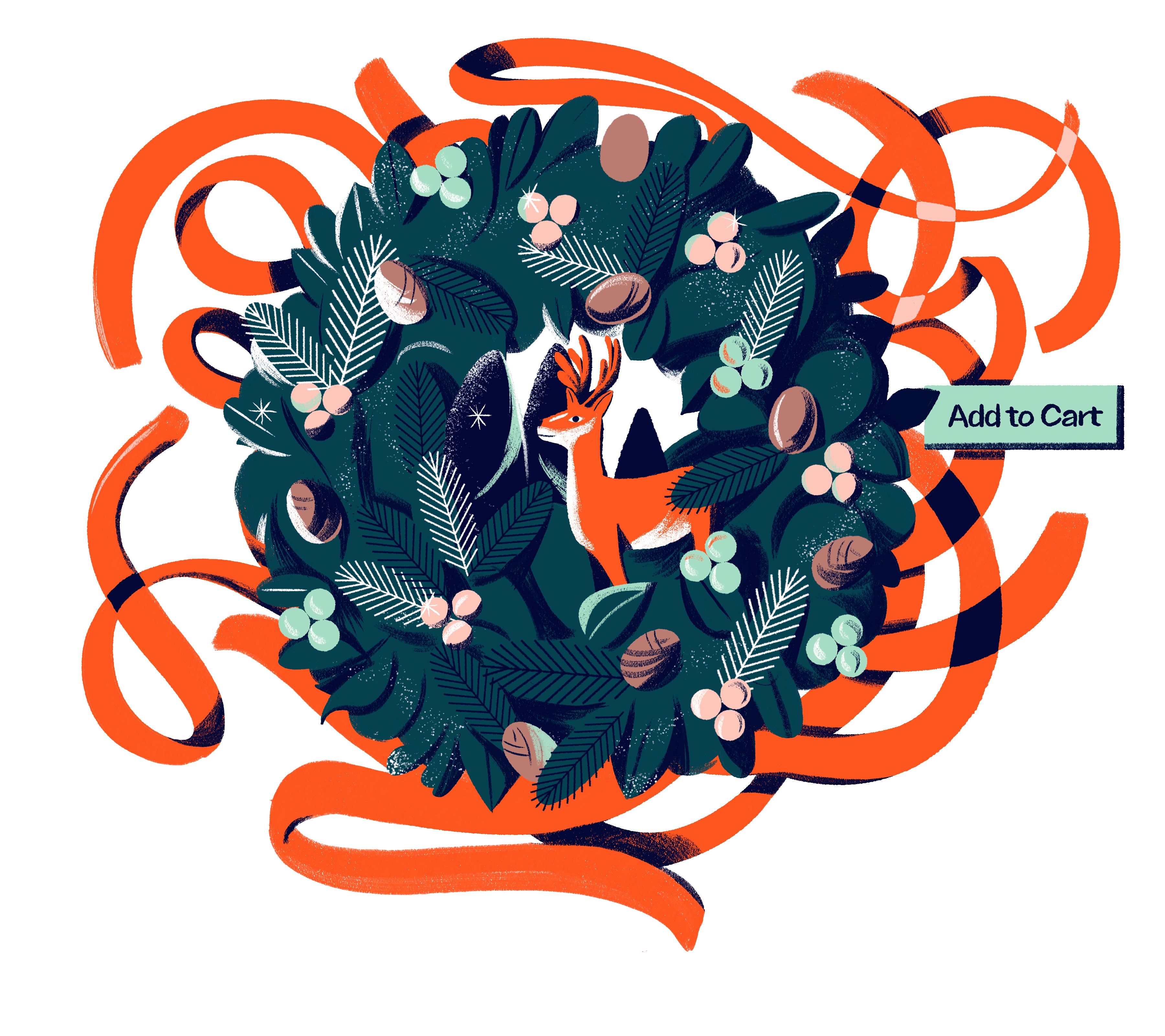 Illustration of a Christmas wreath adorned with red ribbon and a miniature reindeer. A tag says "Add to cart."