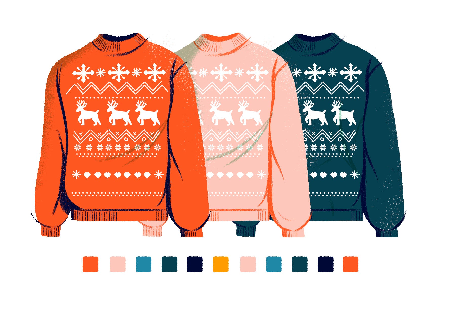 Illustration of three ugly Christmas sweatshirts in red, pink, and dark blue and all featuring a unicorn design. A row of colour swatches sits below the sweatshirts.