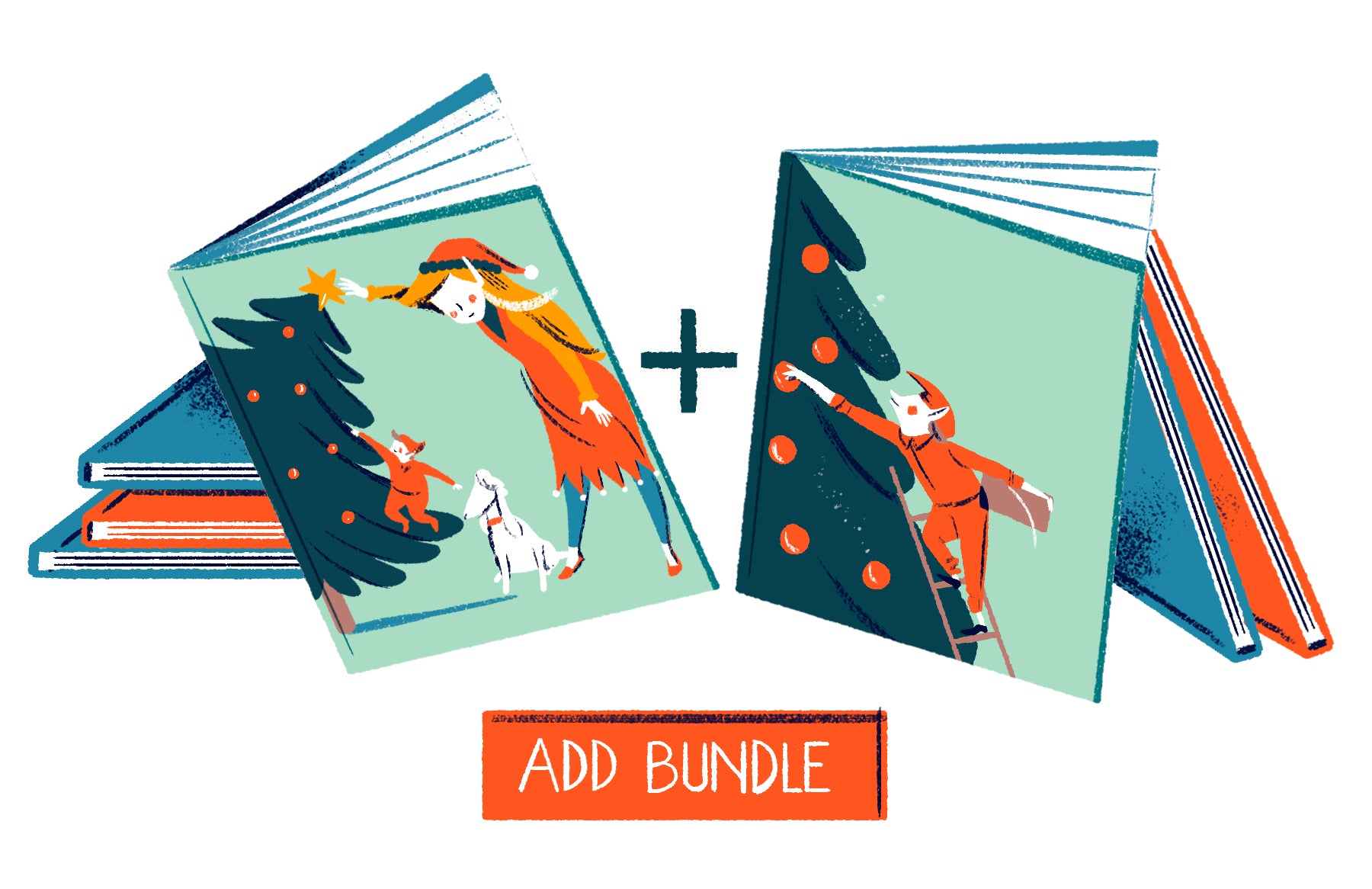Illustration of two Christmas-themed books with a tag that reads "Add Bundle"
