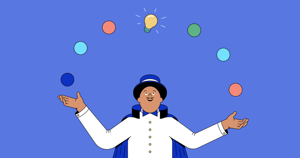 Illustration of a character juggling with a lightbulb at the centre as a metaphor for a unique business idea