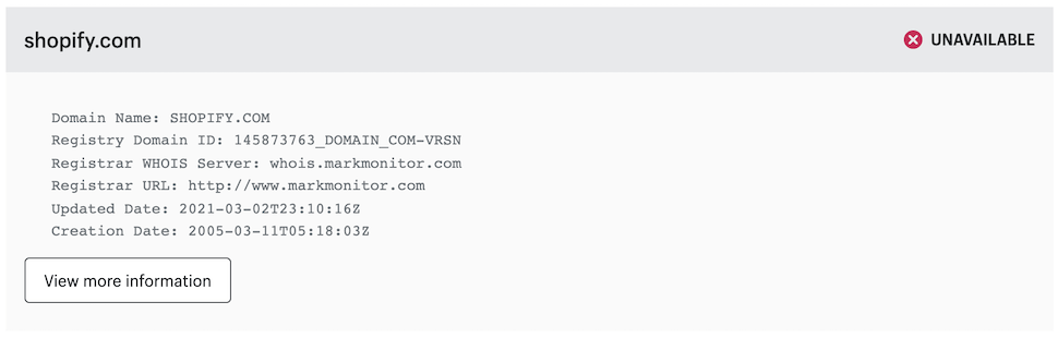 Shopify WHOIS data showing who owns the domain name