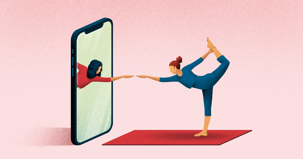 An illustration of a instructor and yogi practicing yoga together, the instructor reaches out to the participant through a mobile device.