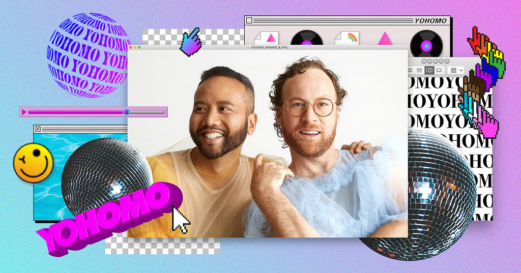 Photo of Phil and Armand with disco ball, Yohomo log, and pink gradient background