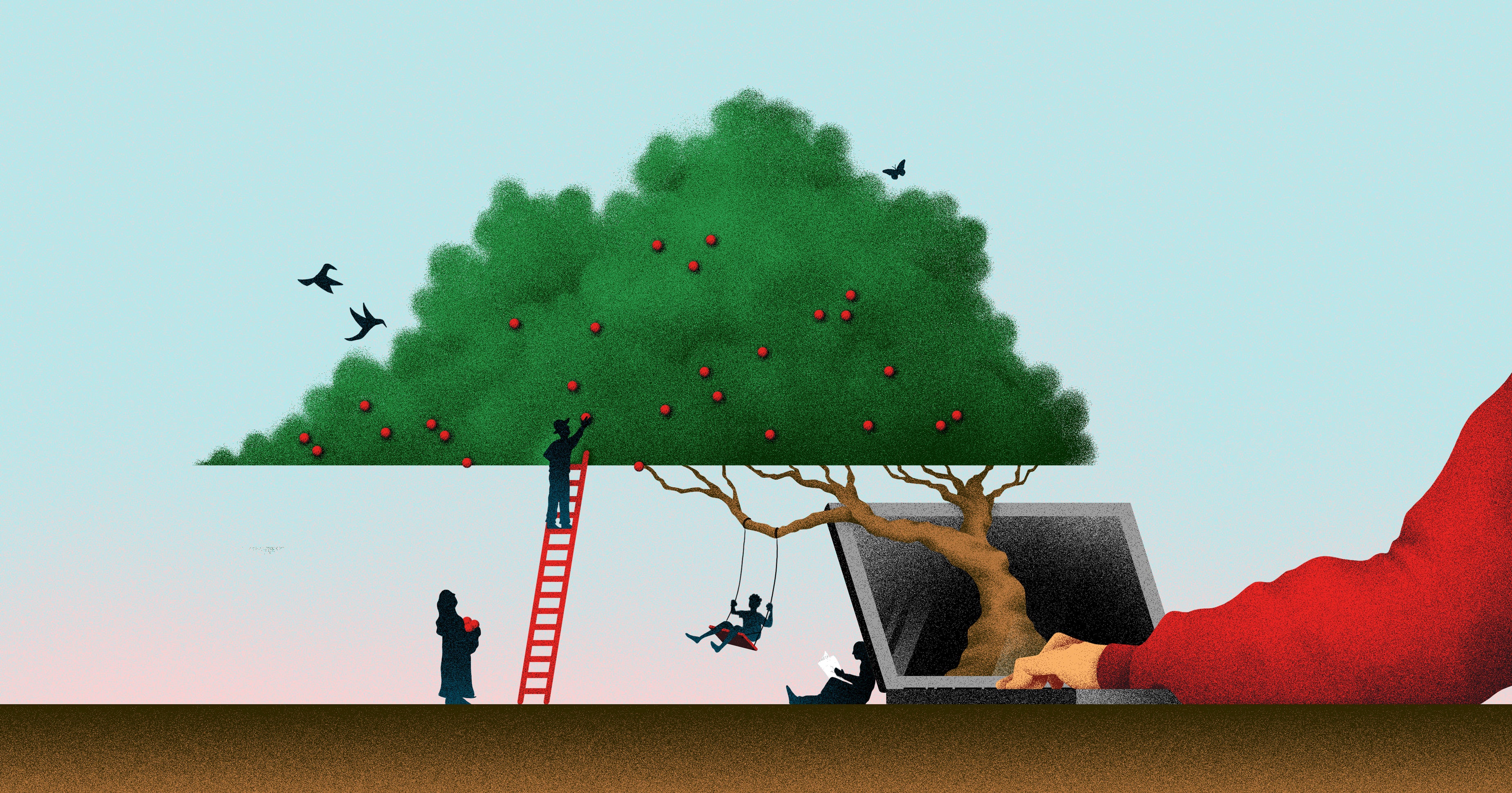 Illustration of a hand typing on a laptop with a tree growing out of the screen. There's smaller figures collecting fruit from the tree, sitting in its shade, and sitting on a swing attached to it. 