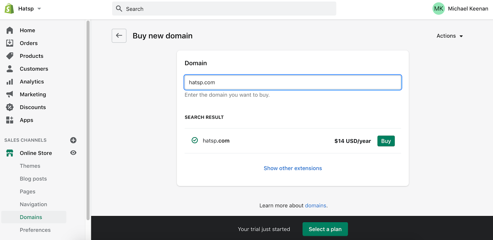 Buying a domain name with Shopify