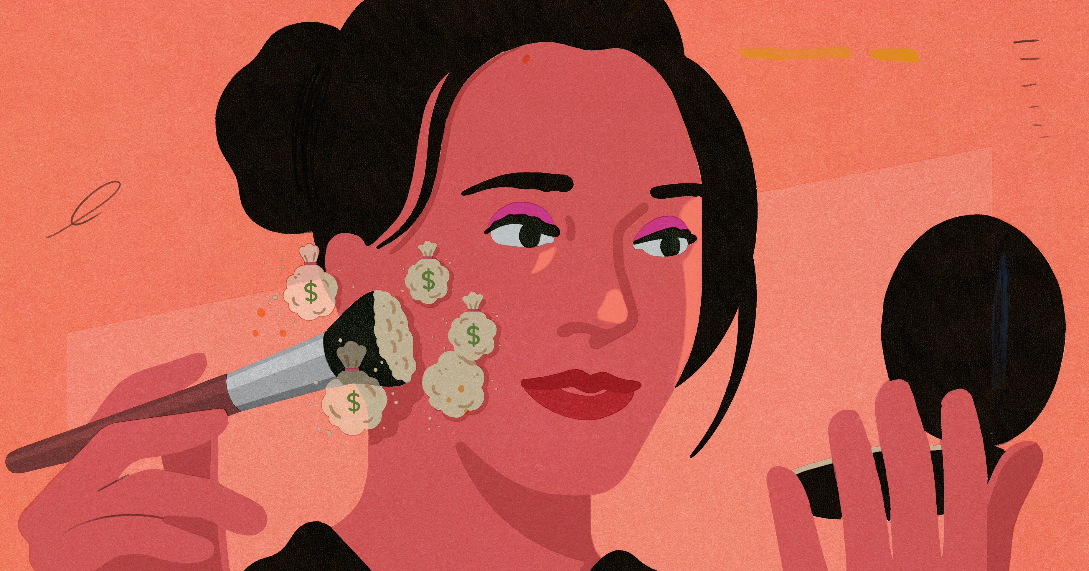 Illustration of a woman applying face powder with a brush. The resulting powder clouds look like money bags