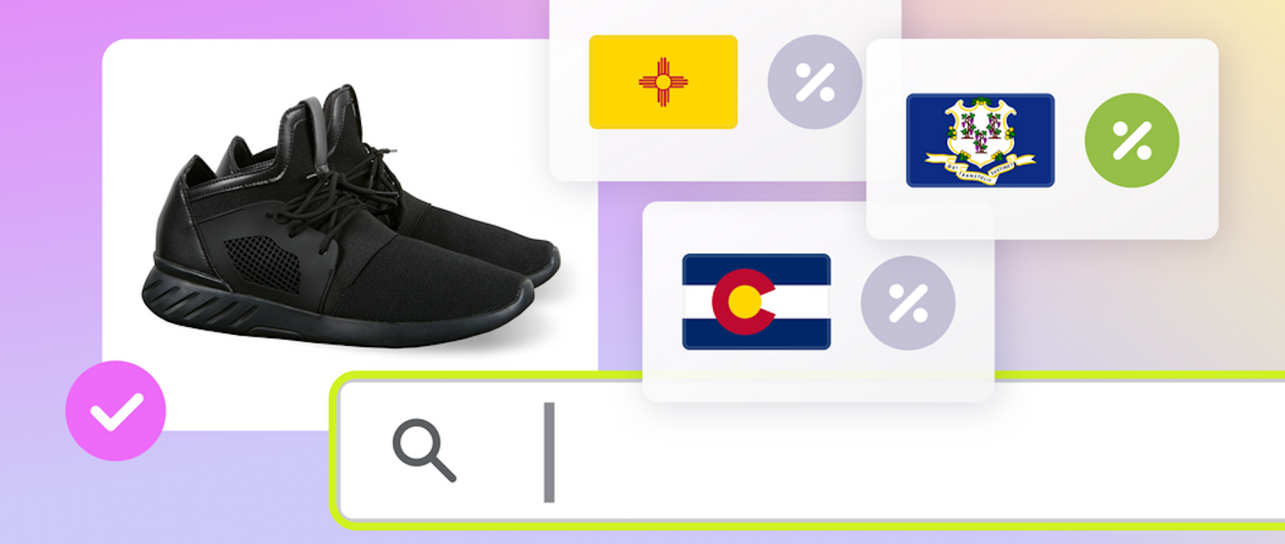 Black sneakers beside a search bar and three state flags.