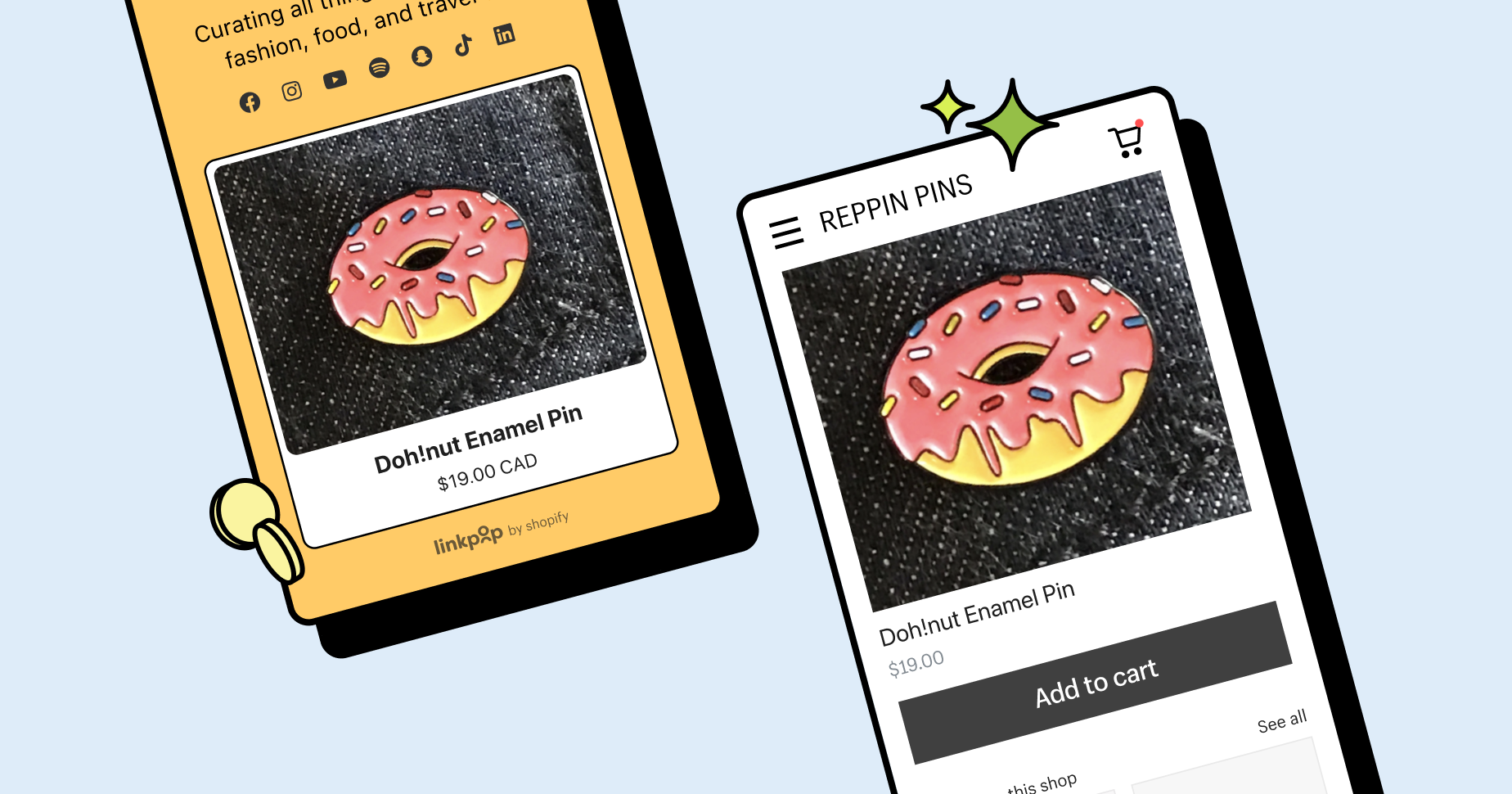 Image depicting interface of Linkpop shoppable link for an enamel pin of a donut as product.