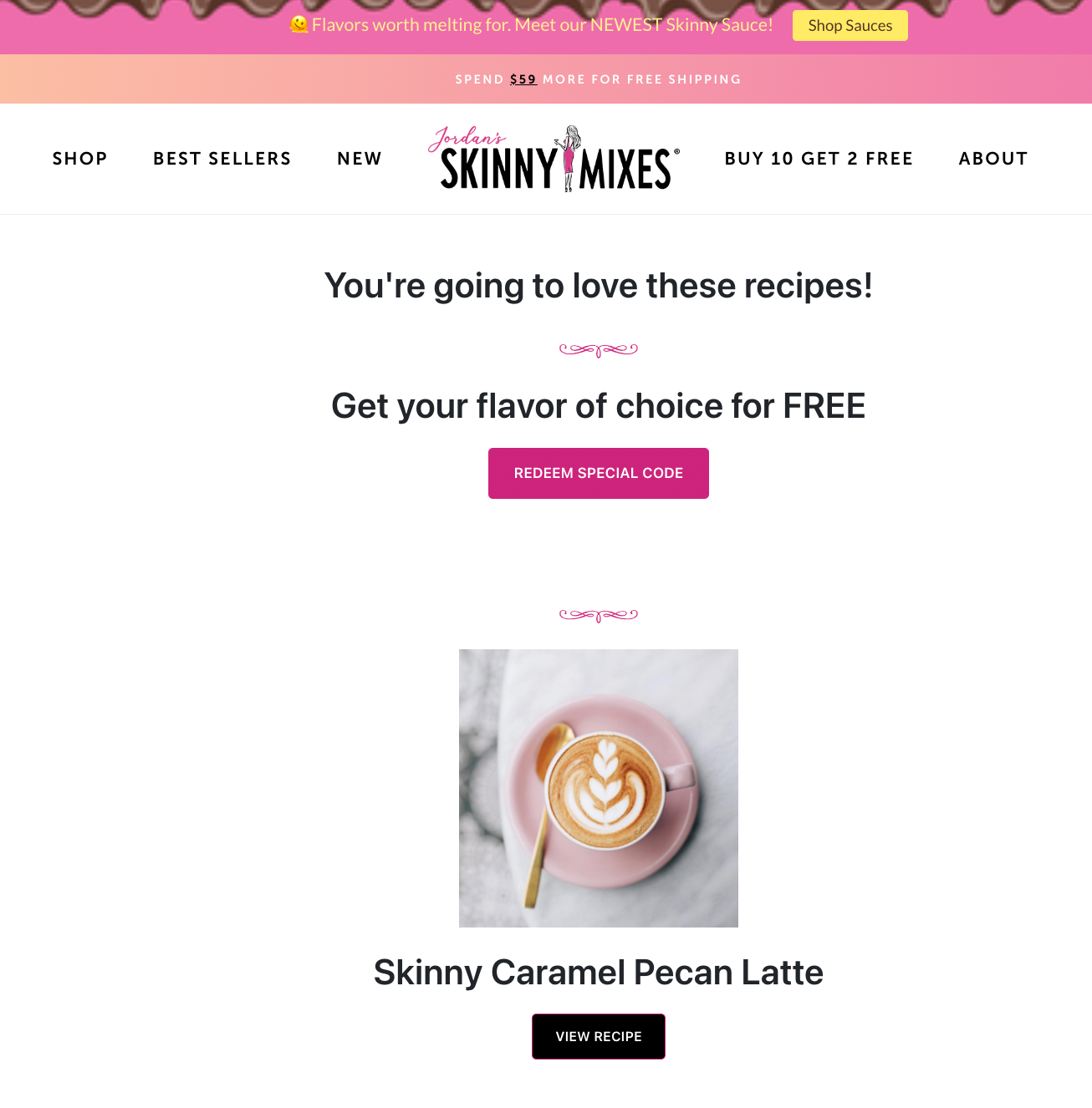 Quiz results page that recommends a skinny caramel pecan latte with a special discount to redeem on recommended products.