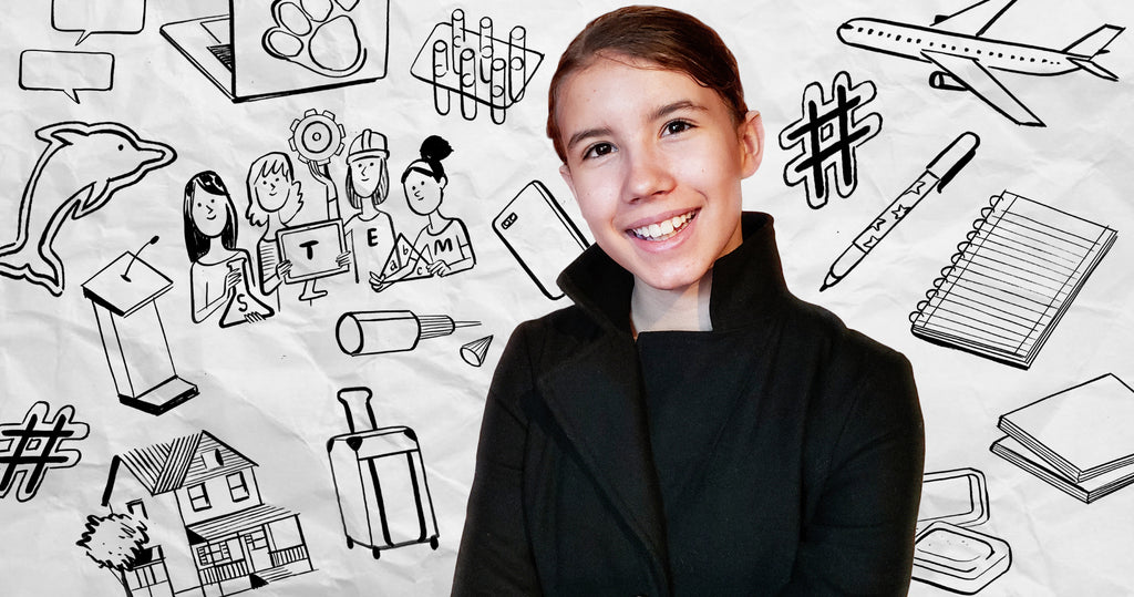 年轻企业家索菲亚·费尔韦瑟的肖像，以及一系列围绕她绘制的插图，反映了她的业务、目标和成就。