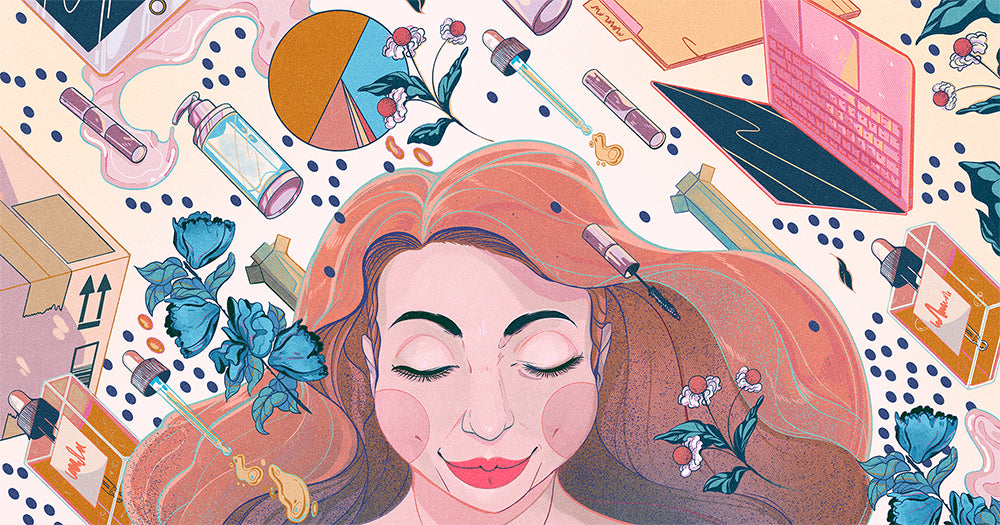 Illustration depicting a founder of a skincare line. A person's head is surrounded by imagery of beauty products and business items
