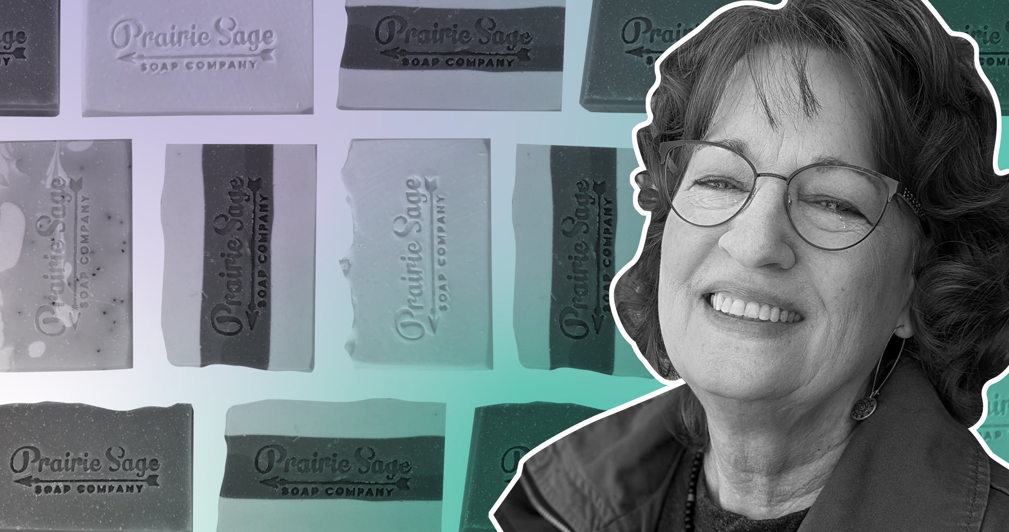 Portrait of a founder collaged over an array of her bar soap products