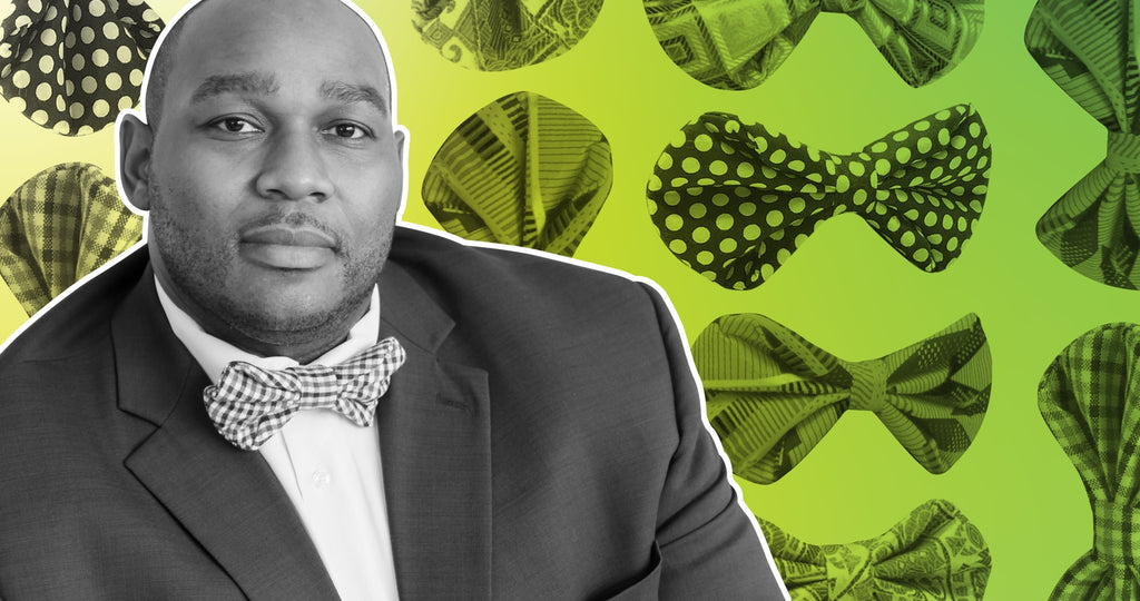 Portrait of Terrell Grayson collaged over a pattern of bowties on a green background