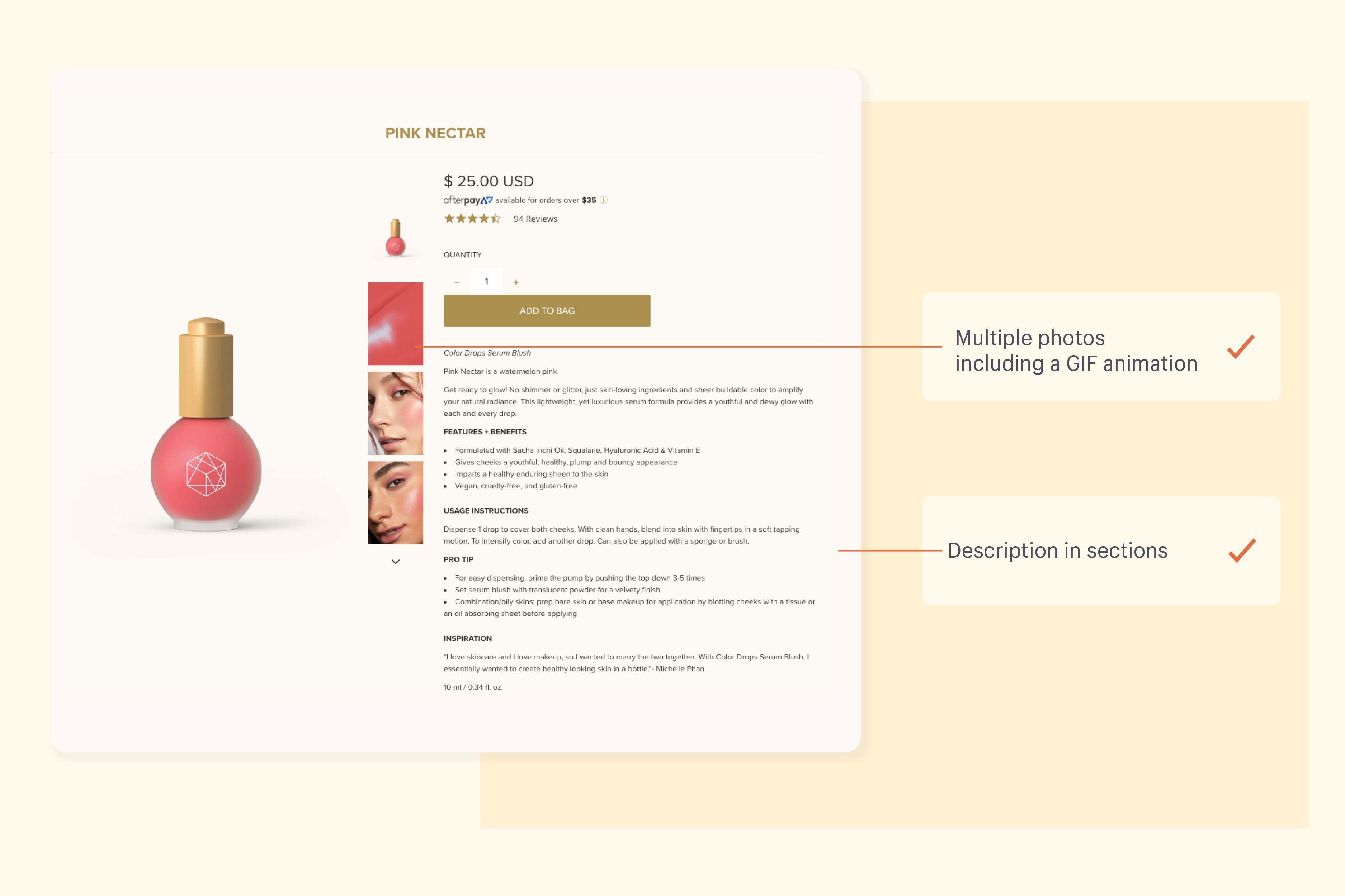 Esempio: pagina di prodotto di EM Cosmetics e come costruisce la fiducia dei clienti