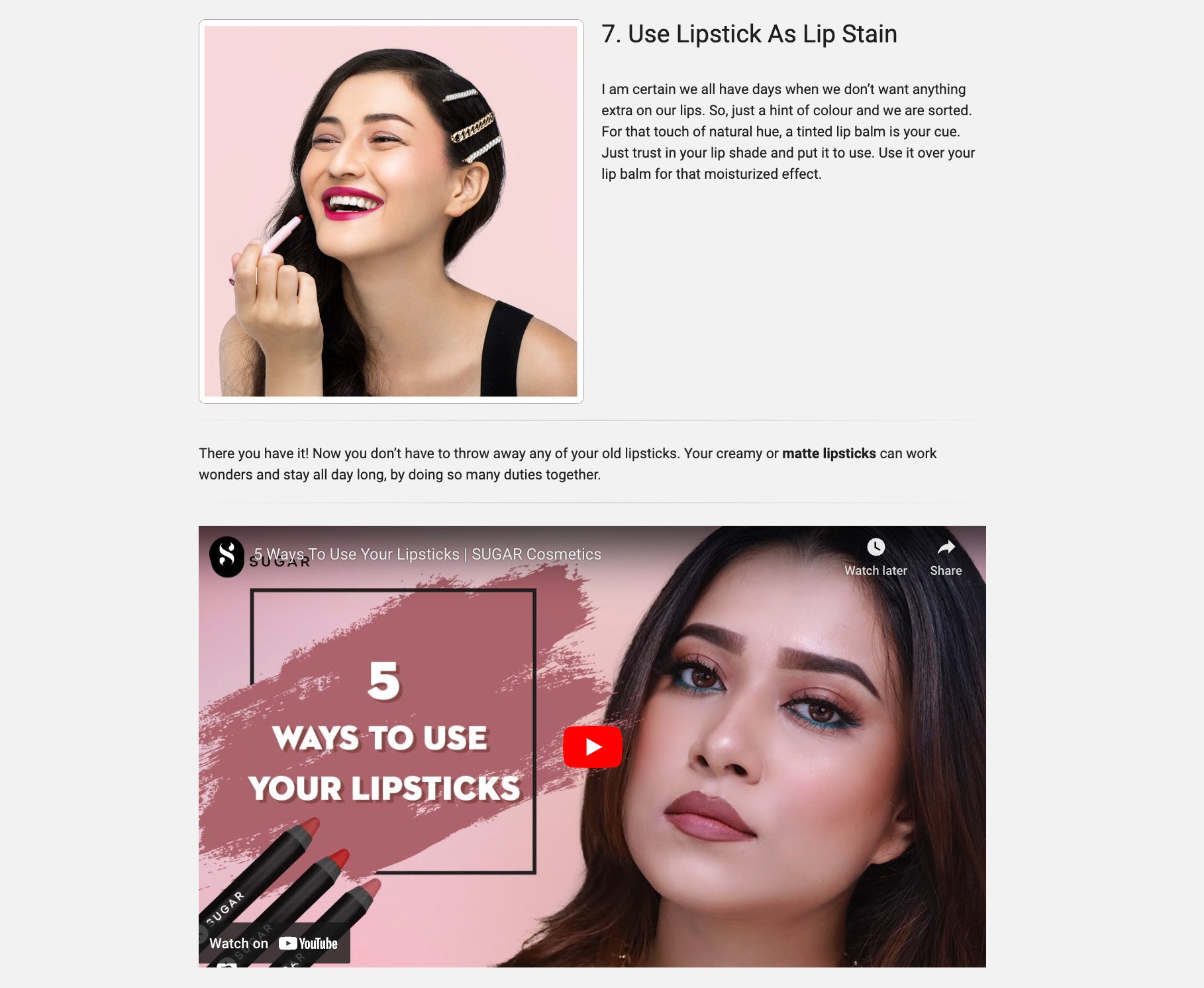 Screengrab of Sugar cosmetics' blog featuring an embedded video