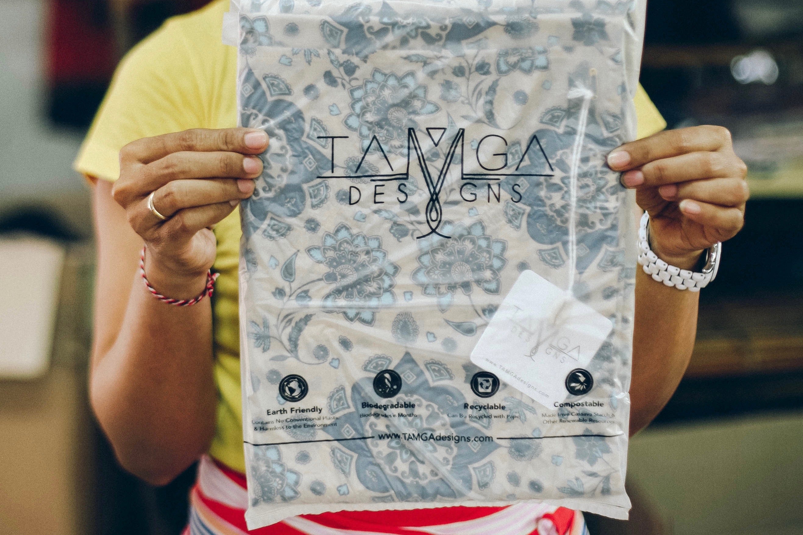 Compostable and biodegradable garment bags used by TAMGA Designs.