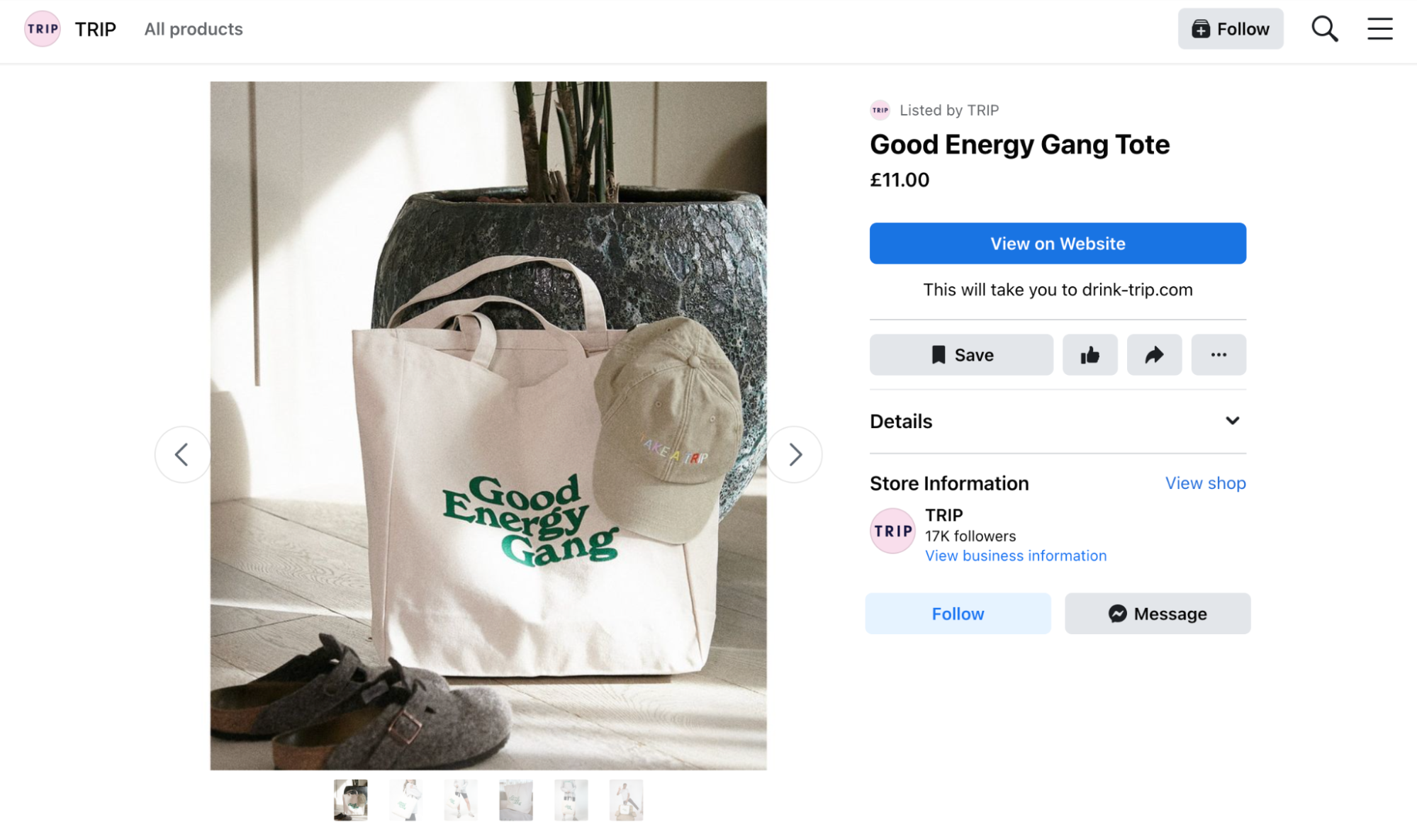 Product listing for an £11 cream tote bag with the words “Good energy gang” printed in green.