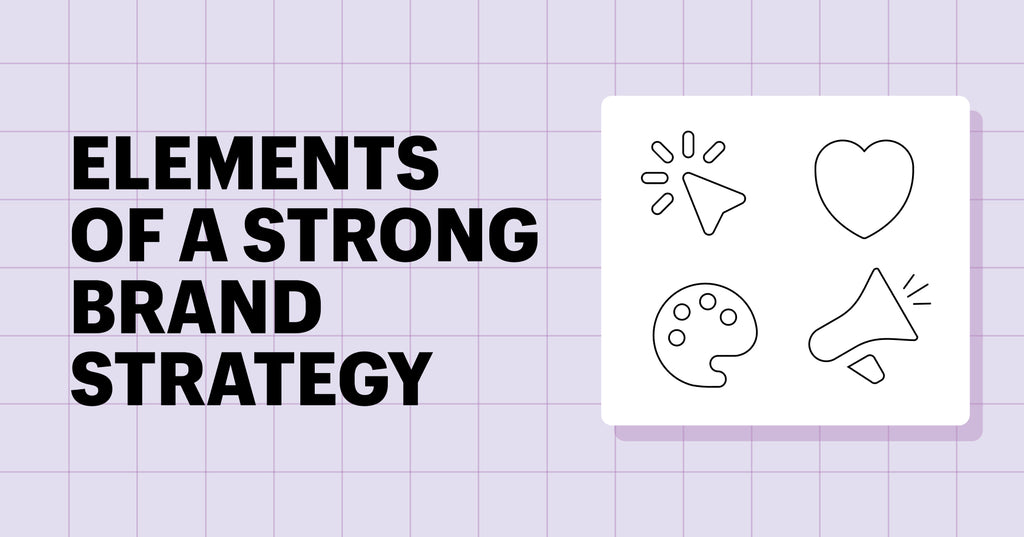 文字的元素，一个强大的品牌战略，旁边的紫色背景的四个图标