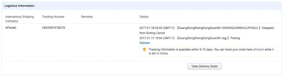 The AliExpress Logistics Information tab shows that a package was sent using ePacket.