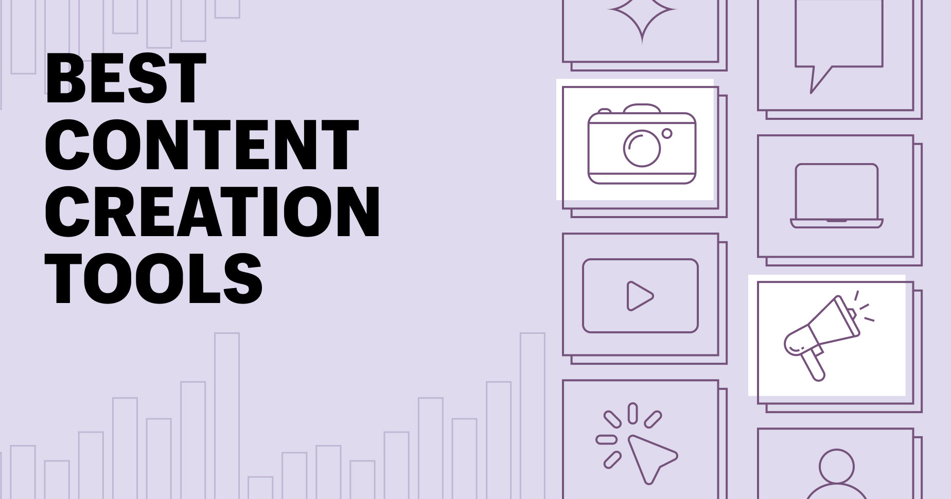 The text best content creation tools next to icons on a purple background