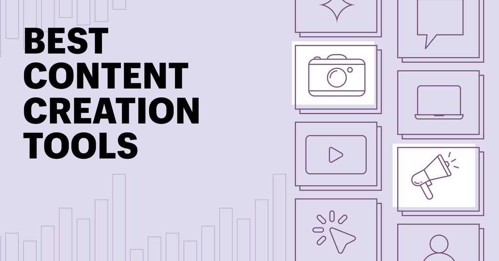 The words best content creation tools next to icons on a purple background